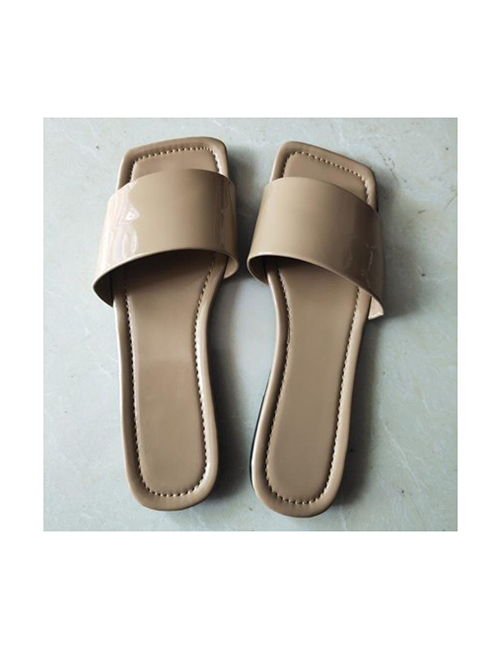 Fashion Khaki Pu Square Toe Flat Slippers
