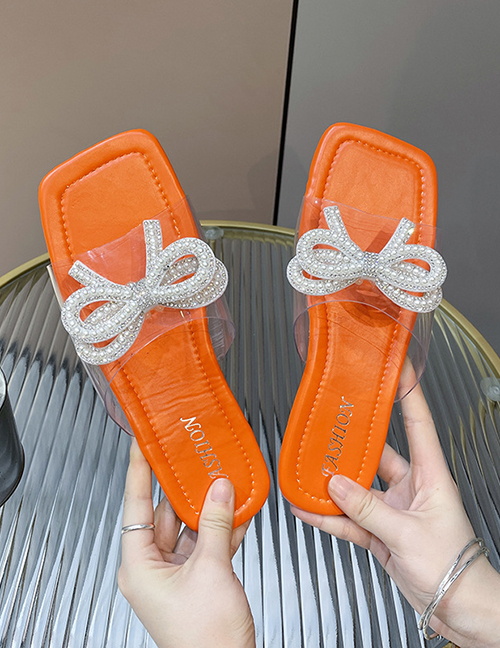 Fashion Orange Square Toe Rhinestone Bow Flat Slippers