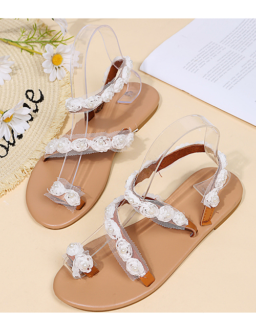 Fashion Light Yellow Round Toe Pearl Floral Mesh Sandals