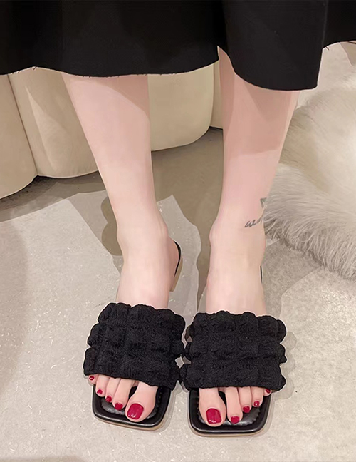 Fashion Black Pu Square Toe Bubble Pleated Slippers