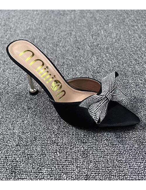 Fashion Black Satin Pointed Bow Rhinestone Stiletto Slippers