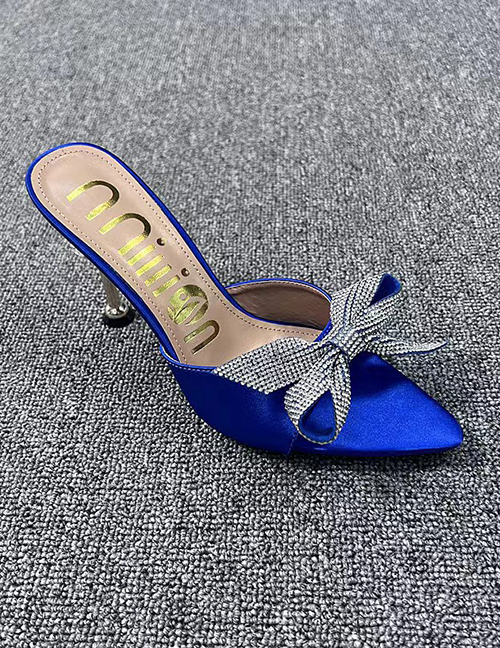 Fashion Blue Satin Pointed Bow Rhinestone Stiletto Slippers
