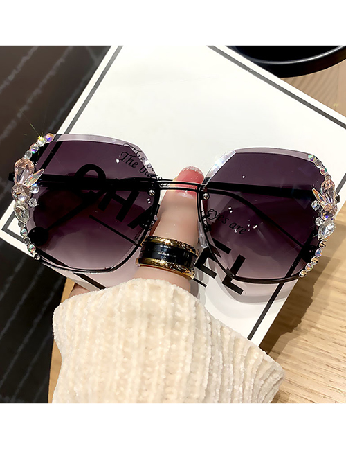 Fashion Grey Alloy Diamond Large Square Frame Sunglasses