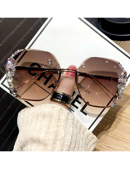Fashion Tea Pink Alloy Diamond Large Square Frame Sunglasses