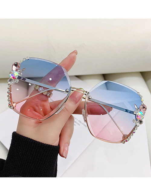Fashion Blue On Top And Powder On Bottom Alloy Diamond Large Square Frame Sunglasses