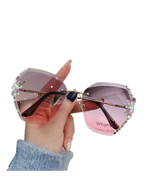 Fashion Lx-8816 [top Gray And Bottom Powder] Alloy Diamond Large Square Frame Sunglasses