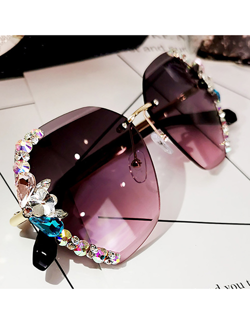 Fashion Gradient Purple Alloy Diamond Large Frame Sunglasses