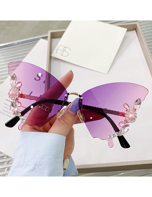 Fashion Gradient Purple Diamonds Alloy Diamond Rimless Butterfly Sunglasses