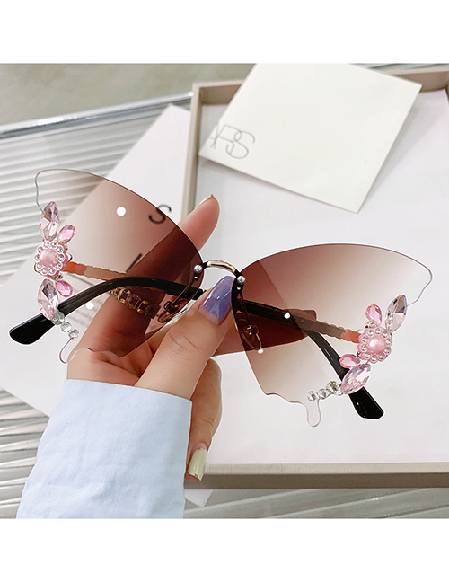 Fashion Gradient Tea Set With Diamonds Alloy Diamond Rimless Butterfly Sunglasses