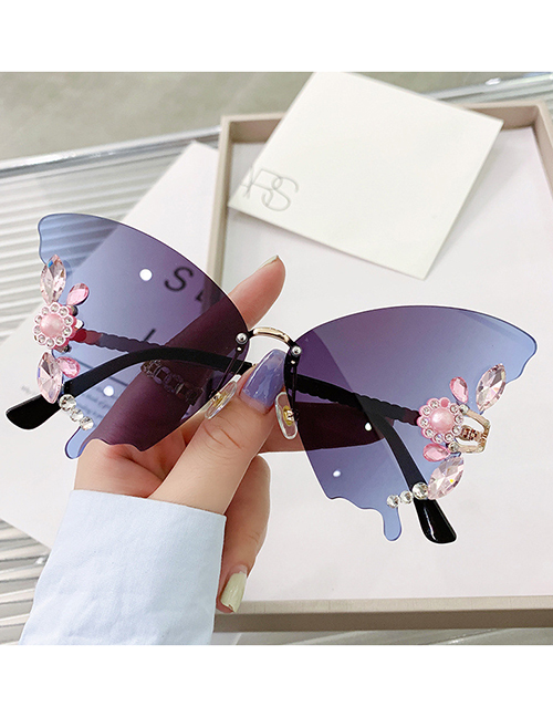 Fashion Grey Blue Diamond Alloy Diamond Rimless Butterfly Sunglasses