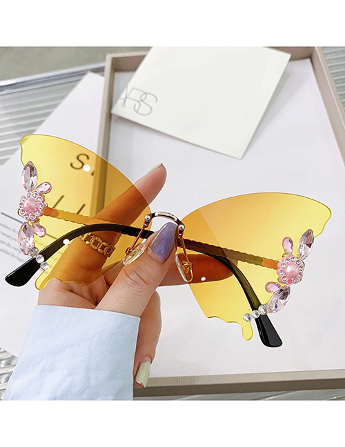 Fashion Gradient Yellow Diamonds Alloy Diamond Rimless Butterfly Sunglasses