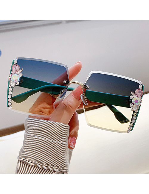 Fashion 【green Frame Blue Tea Pieces】diamonds Alloy Diamond Large Frame Sunglasses