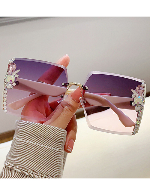 Fashion 【rice Frame Purple Powder Tablet】diamonds Alloy Diamond Large Frame Sunglasses
