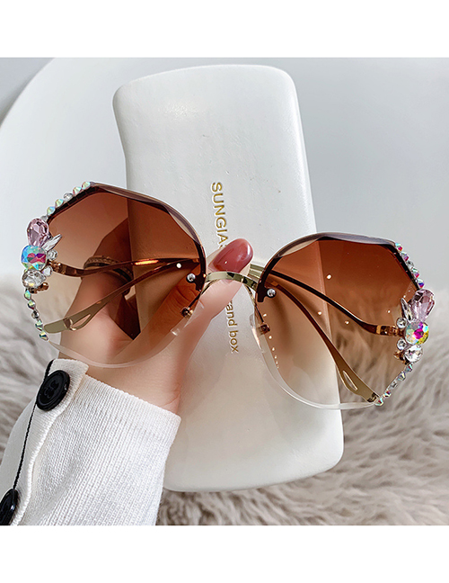 Fashion [brown] Belt Alloy Diamond Large Frame Sunglasses