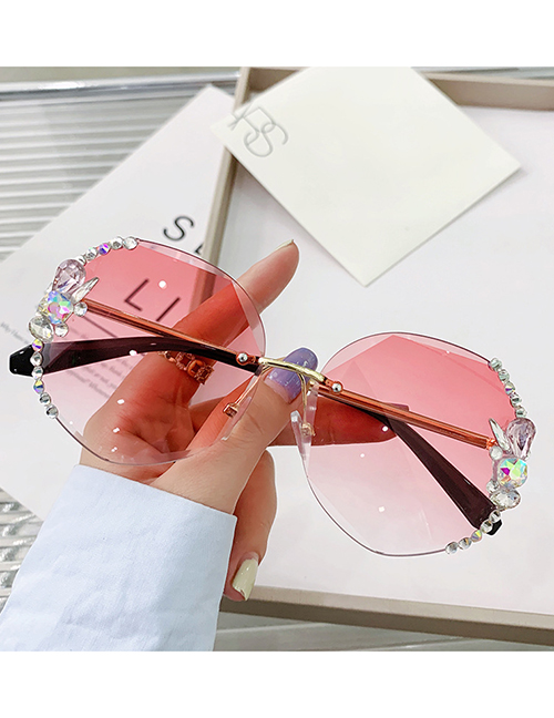 Fashion 【gradient Pink】diamonds Alloy Diamond Large Frame Sunglasses