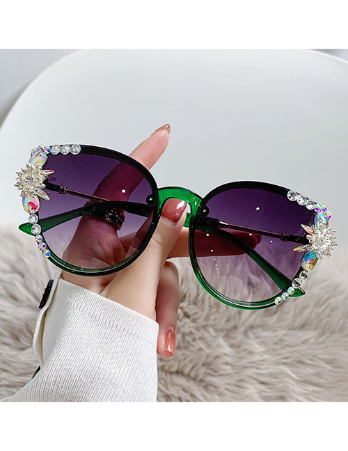 Fashion [green Frame Green Sheet] Rhinestone Cat's Eye Model Alloy Diamond Large Frame Sunglasses