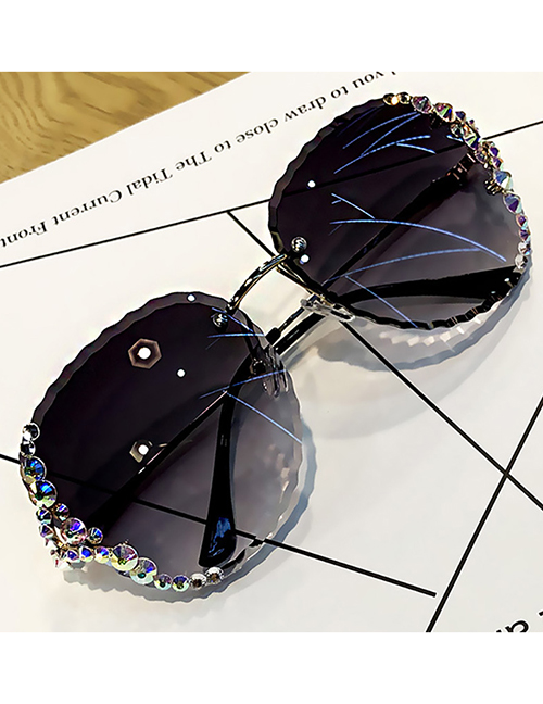 Fashion 【ice Ash】 Alloy Diamond Large Frame Sunglasses