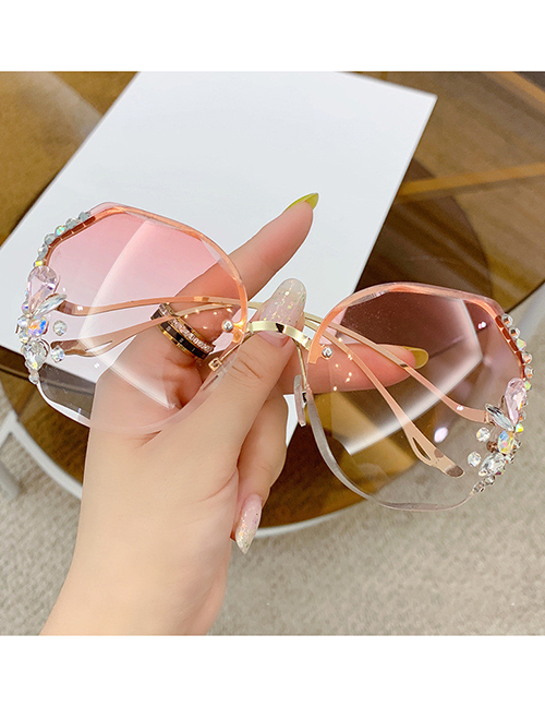 Fashion Gradient Pink Alloy Diamond Large Frame Sunglasses