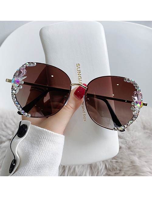 Fashion Black Gold Frame Gradient Tea [polarized] Diamonds Alloy Diamond Large Frame Sunglasses