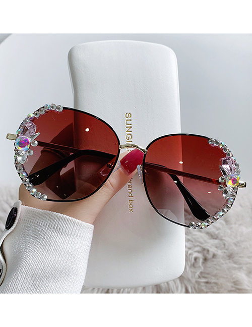 Fashion Black Gold Frame Gradient Red [polarized] Diamonds Alloy Diamond Large Frame Sunglasses