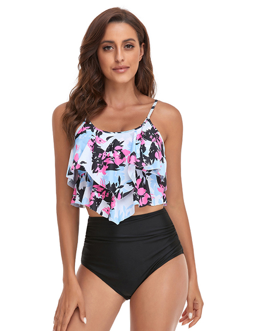 Fashion Pink Flower Polyester Print Ruffle Split Swimsuit