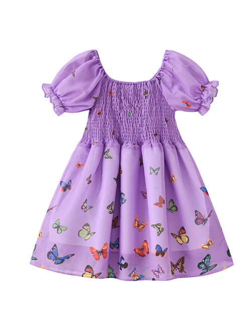 Fashion Purple Chiffon Print Puff Sleeve Dress