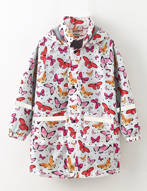 Fashion 5 Butterflies On White Blend Print Stand-up Tie Hood Coat