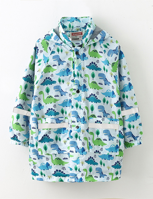 Fashion 10 Blue And Green Dinosaurs Blend Print Stand-up Tie Hood Coat