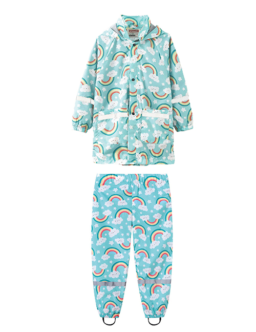 Fashion 2 Light Blue Rainbow Blend Printed Stand Collar Hooded Jacket Trousers Set