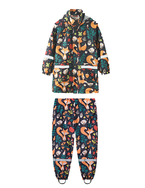 Fashion 4 Black Fox Blend Printed Stand Collar Hooded Jacket Trousers Set