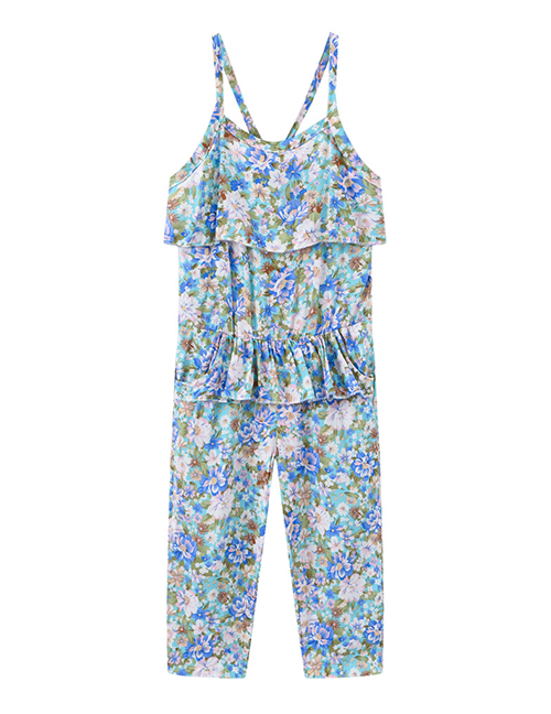 Fashion 1 Light Blue Floral Cotton Print Children's Suspender Jumpsuit