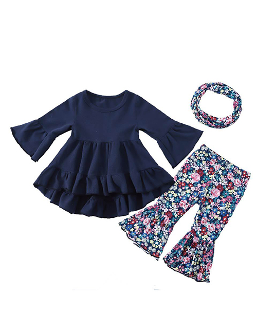 Fashion 11 Navy Blue Flowers Cotton Solid Color Flared Sleeve Top + Printed Fishtail Pants Set