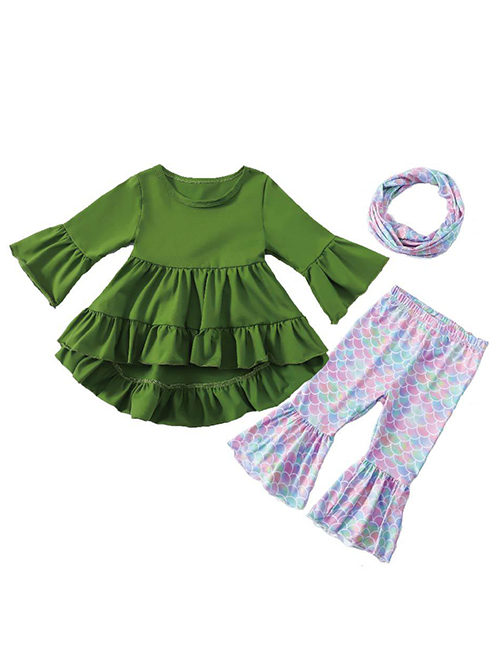 Fashion 13 Green Fish Scales Cotton Solid Color Flared Sleeve Top + Printed Fishtail Pants Set