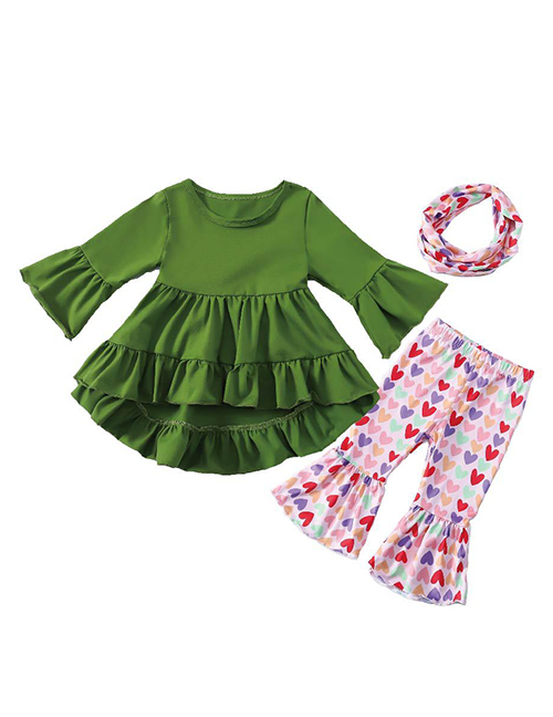 Fashion 14 Green Love Cotton Solid Color Flared Sleeve Top + Printed Fishtail Pants Set