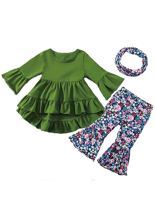 Fashion 15 Green Flowers Cotton Solid Color Flared Sleeve Top + Printed Fishtail Pants Set