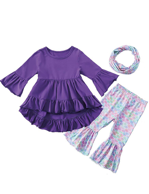 Fashion 17 Purple Fish Scales Cotton Solid Color Flared Sleeve Top + Printed Fishtail Pants Set