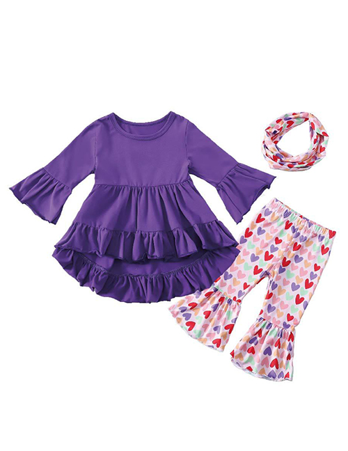 Fashion 18 Purple Love Cotton Solid Color Flared Sleeve Top + Printed Fishtail Pants Set