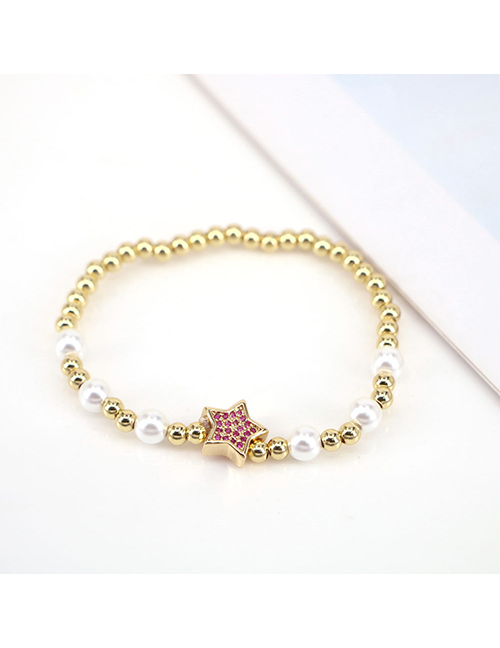 Fashion Rose Red Brass Gold Plated Pearl Beaded Diamond Pentagram Bracelet