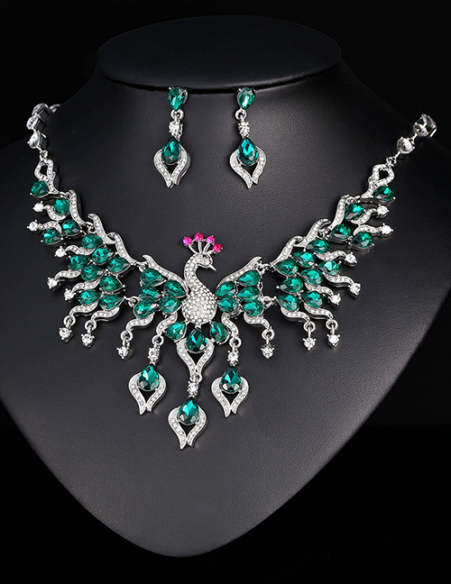 Fashion Green Geometric Pierced Bird Stud Necklace Set