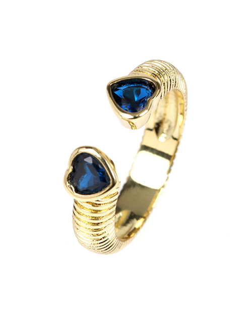 Fashion Blue Diamond Love Brass Gold Plated Heart Zirconium Open Ring
