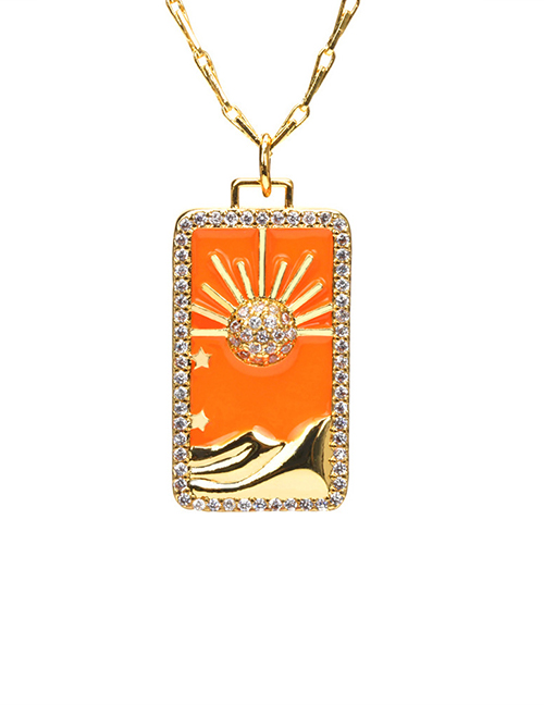 Fashion Orange Sun Bronze Zirconium Drip Oil Tarot Necklace