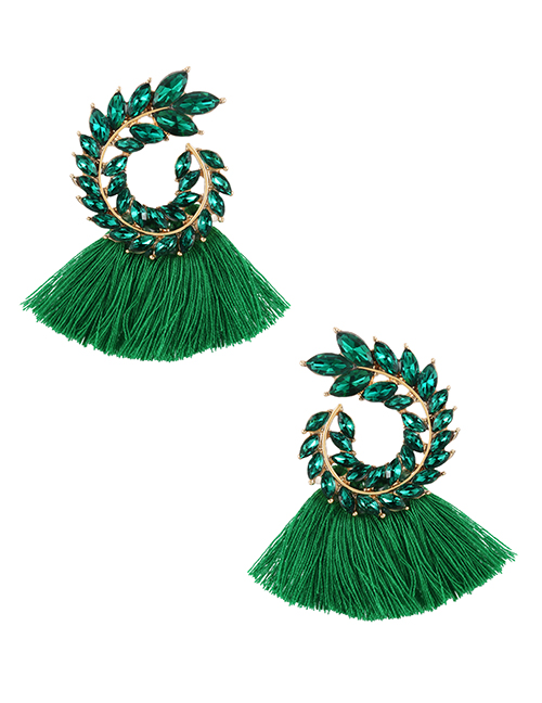 Fashion Green Alloy Diamond Pattern Tassel Stud Earrings