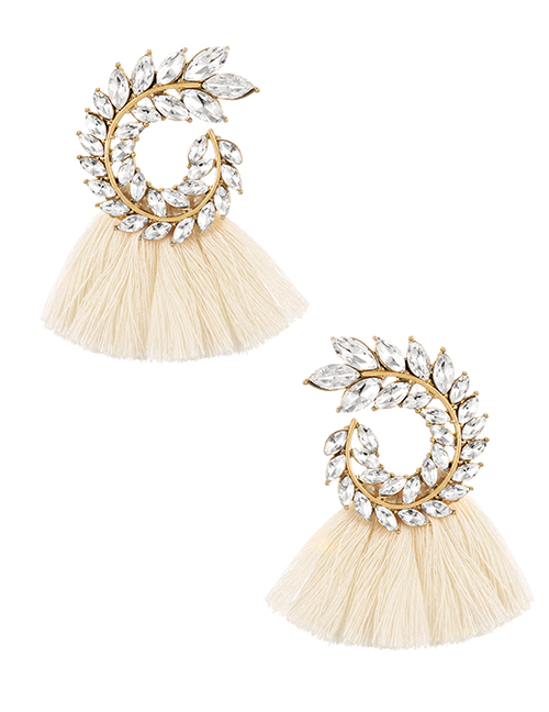 Fashion Creamy-white Alloy Diamond Pattern Tassel Stud Earrings