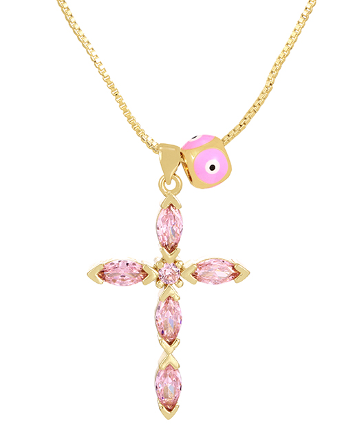 Fashion Pink Bronze Zircon Cross Eye Pendant Necklace