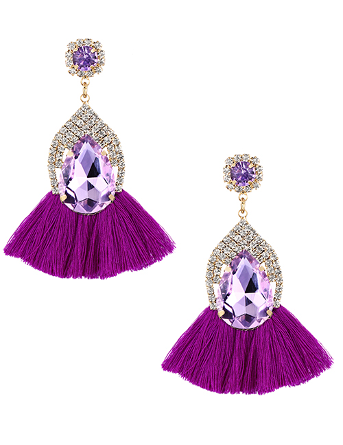 Fashion Purple Alloy Diamond Waterdrop Tassel Stud Earrings