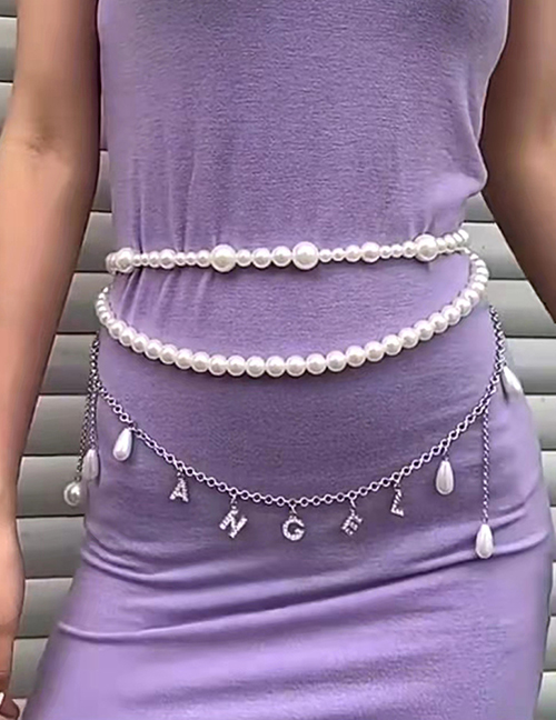 Fashion White Alloy Pearl Beaded Diamond Letter Waist Chain