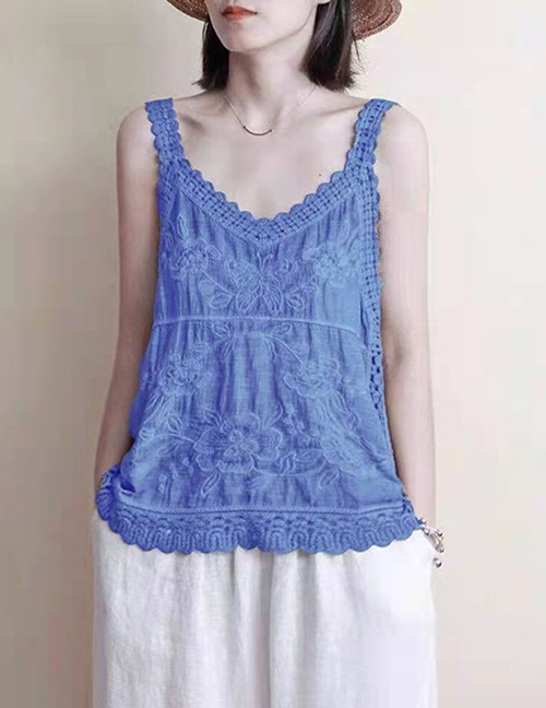 Fashion Blue Cotton And Linen Hollow Crochet Sling