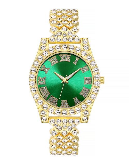 Fashion Gold Belt Green Face Stainless Steel Diamond Geometric Steel Band Watch