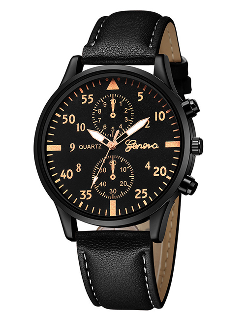 Fashion Black Belt With Gold Lettering And Black Face Alloy Pu Disc Geometry Watch