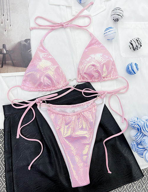 Fashion Pink Nylon Halterneck Lace-up Swimsuit